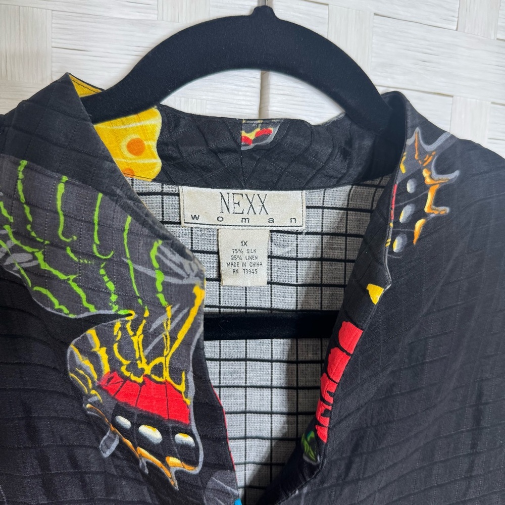 Nexx Silk Linen Black Artsy Whimsical Butterfly Kimono Button Down Jacket Sz 1X - Picture 4 of 12